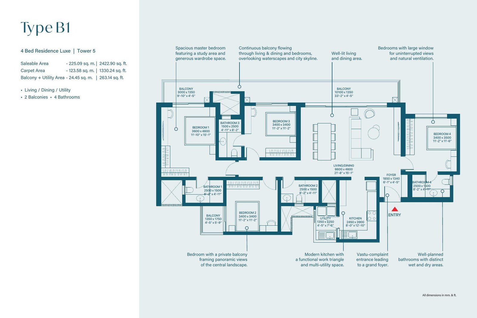 4 BHK Luxe – Type B1, 1,330 sq ft carpet