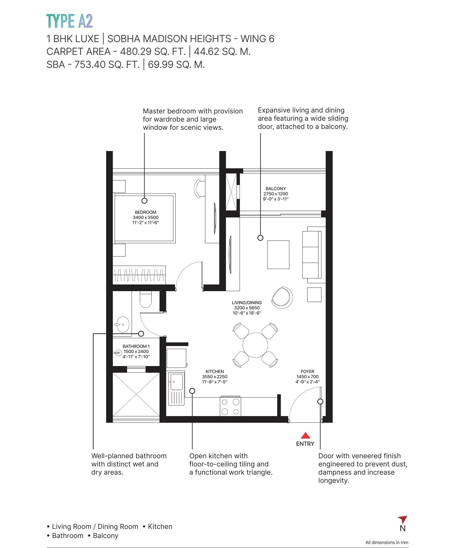 1 BHK Luxe – Type A2 (sold out), 480 sq ft carpet