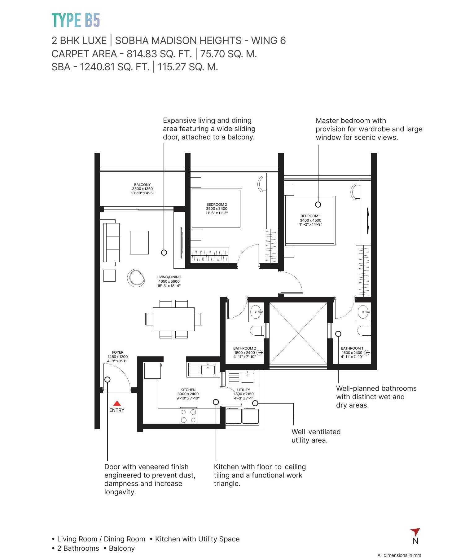 2 BHK Luxe – Type B5 (sold out), 815 sq ft carpet