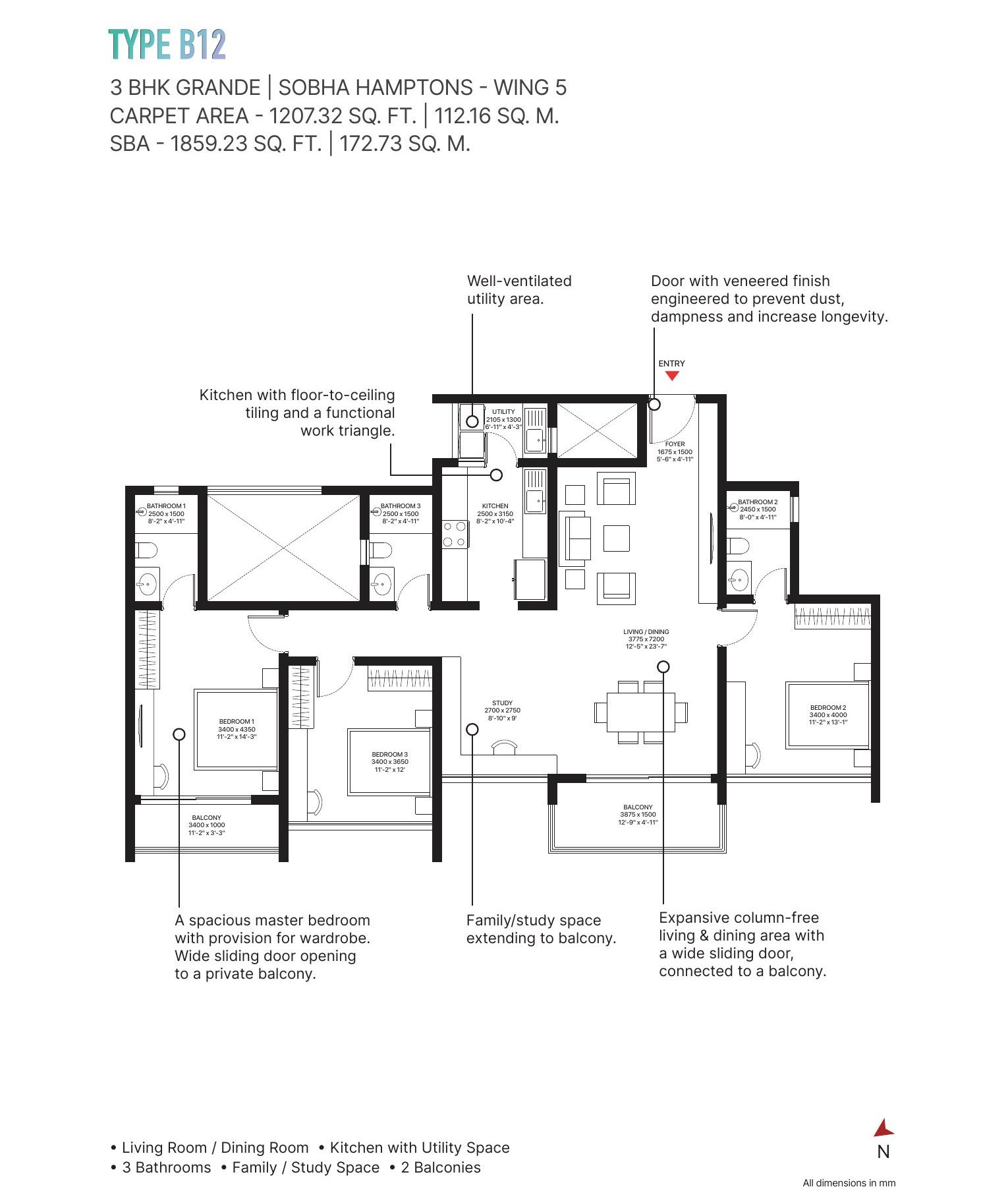 3 BHK Grande – Type B12 (Hamptons), 1,207 sq ft carpet