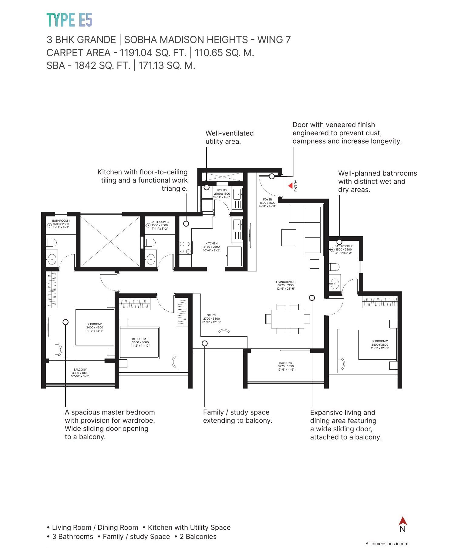 3 BHK Grande – Type E5 (Madison Heights), 1,191 sq ft carpet