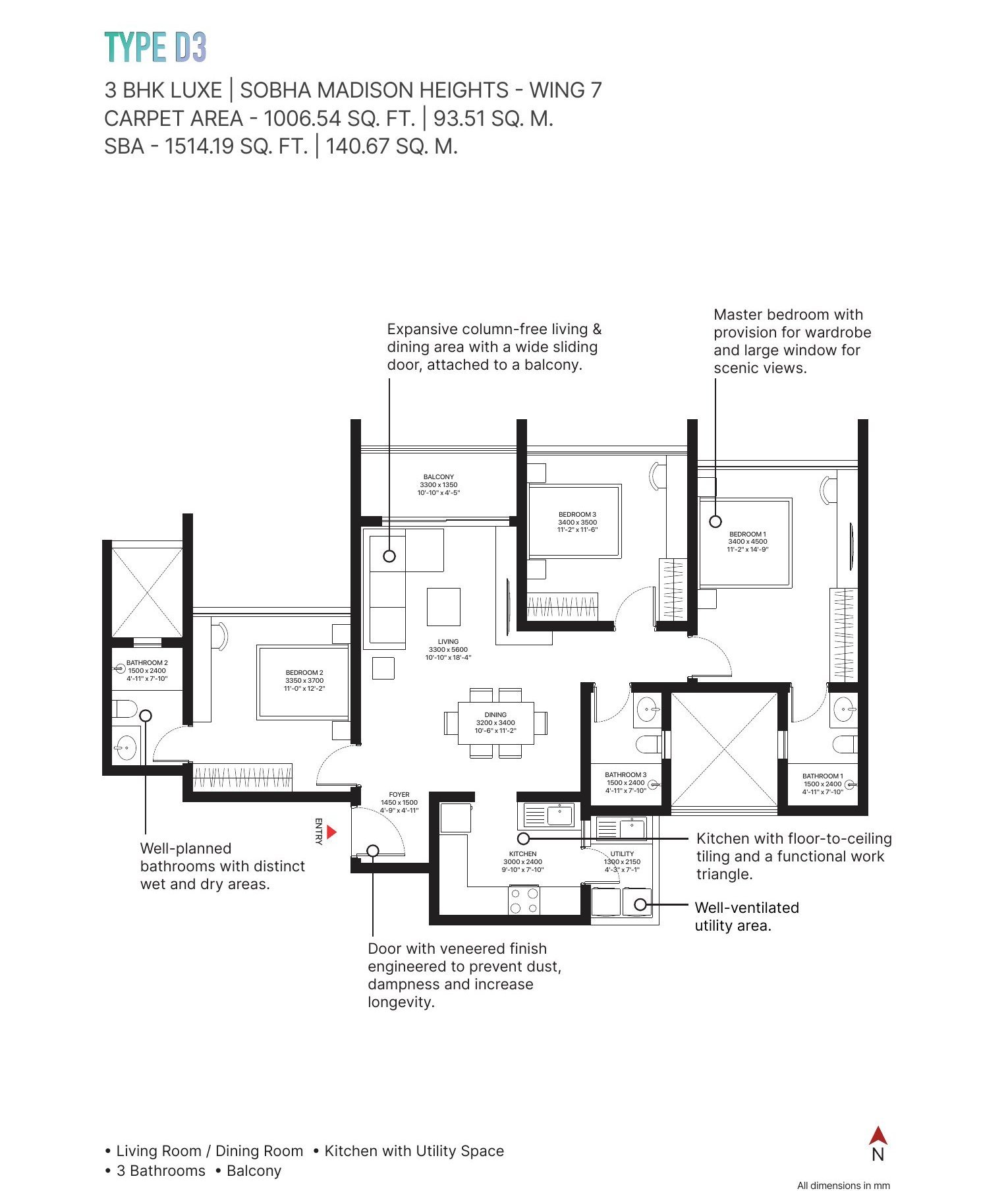 3 BHK Luxe – Type D3 (Madison Heights), 1,007 sq ft carpet
