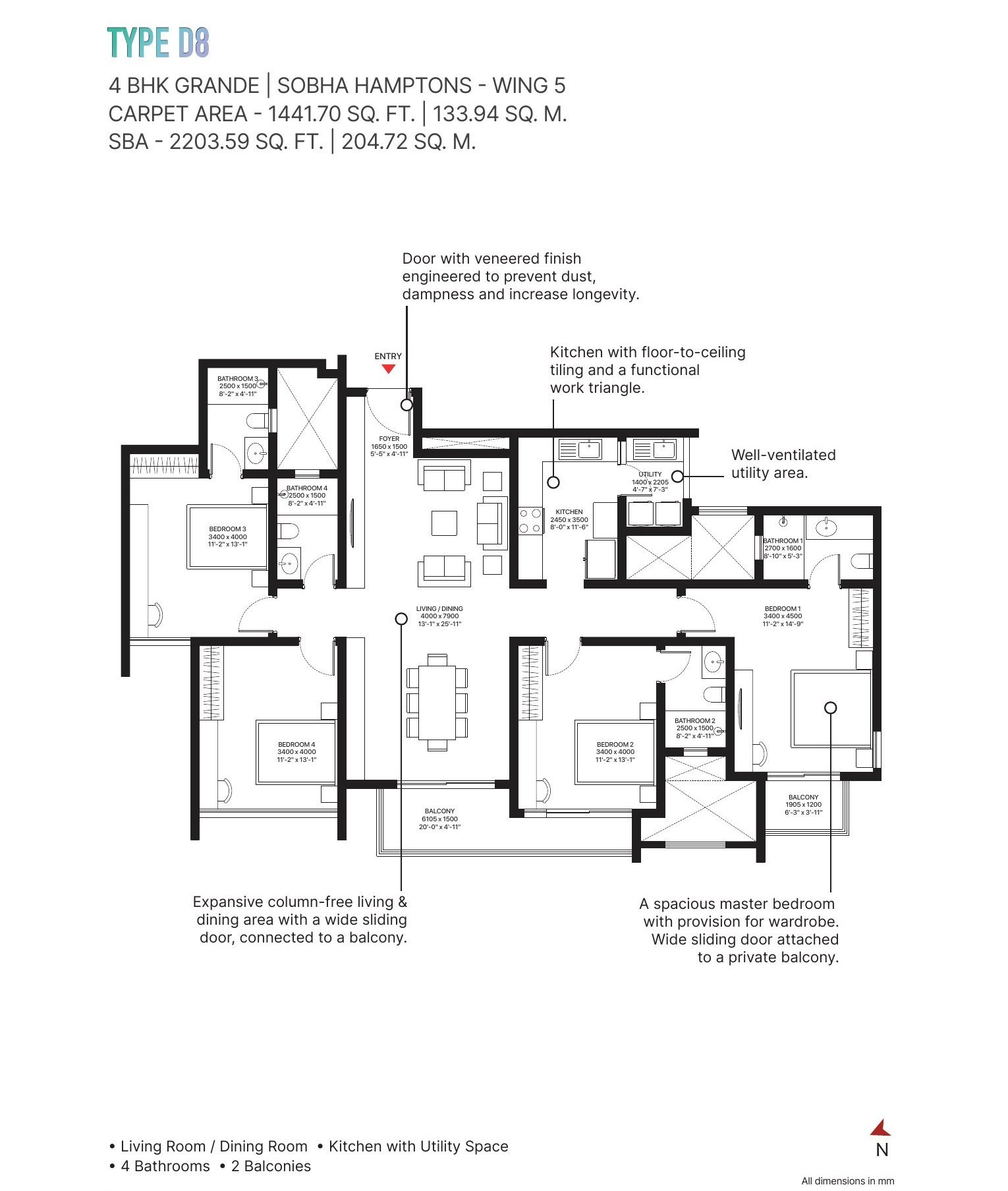 4 BHK Grande – Type D8 (Hamptons), 1,442 sq ft carpet