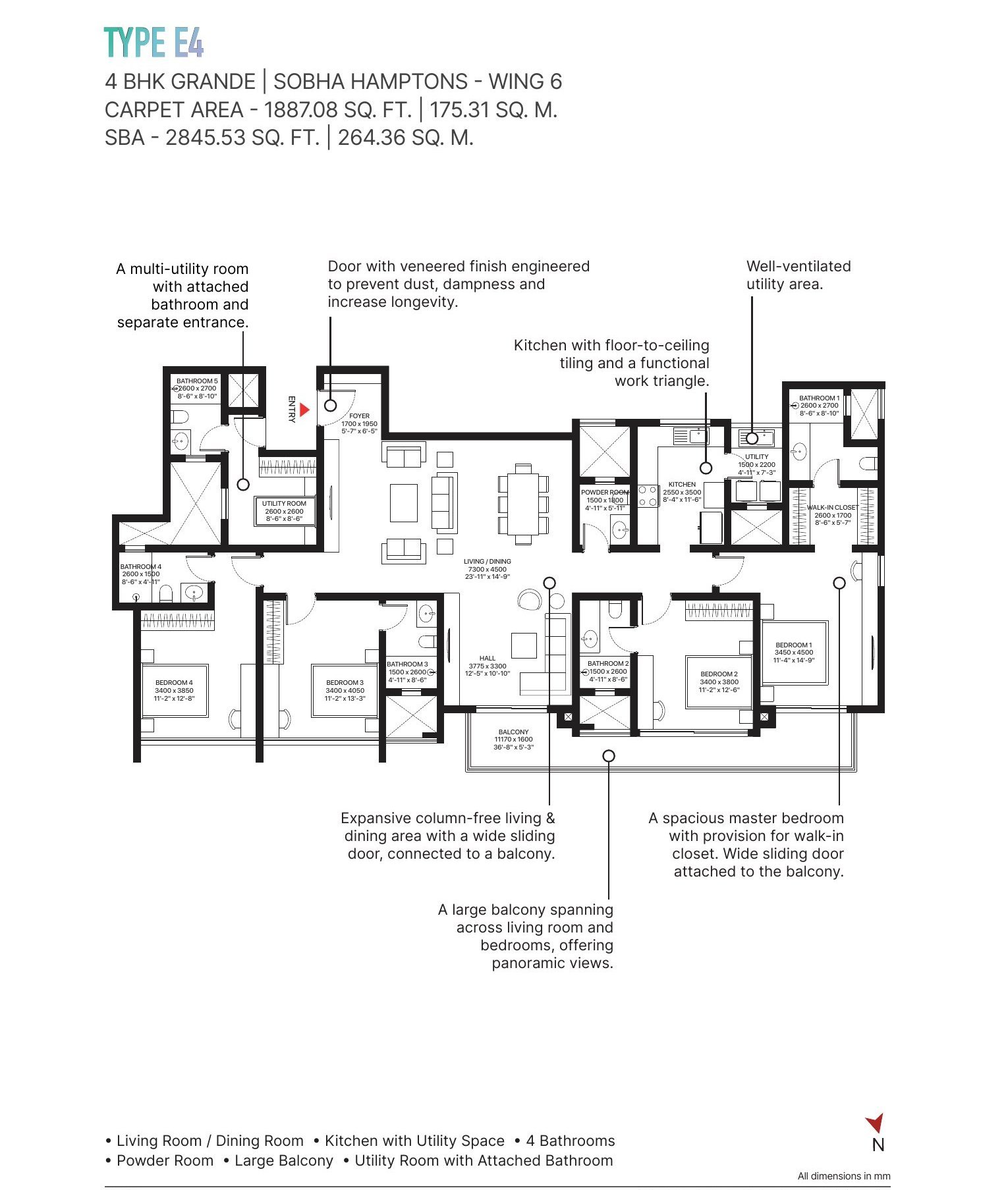 4 BHK Grande – Type E4 (Hamptons), 1,887 sq ft carpet